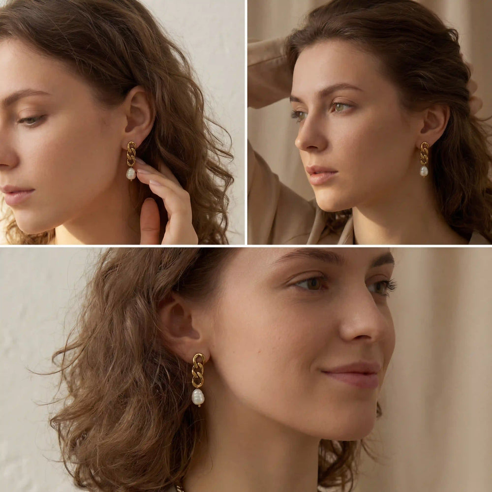 Lifestyle photography collage of woman styling vintage gold chain and pearl earrings elegant look.