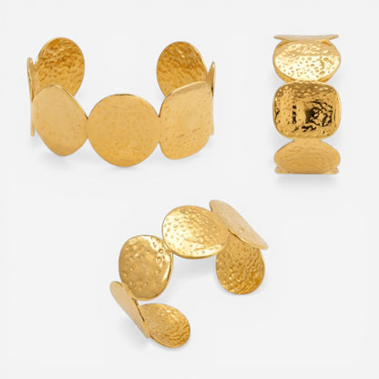 Multiple angles of hammered gold disc open cuff bracelet white background.