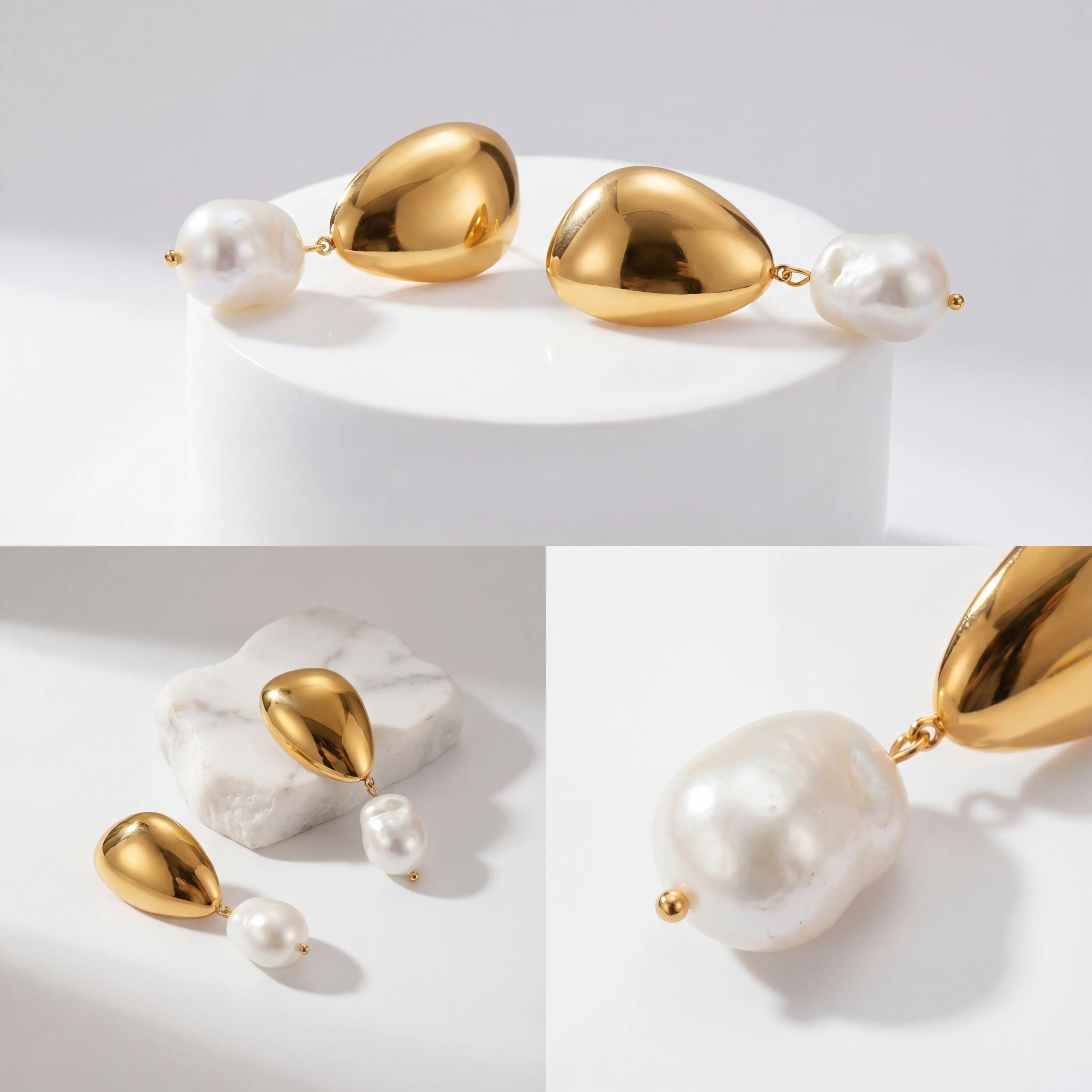 Aesthetic product photography collage of gold teardrop pearl earrings details.