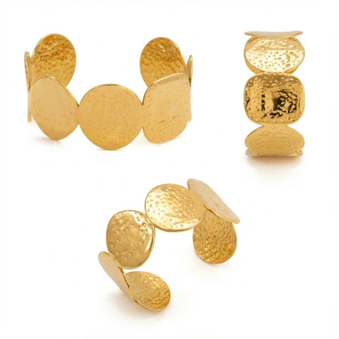 Multiple angles of hammered gold disc open cuff bracelet white background.