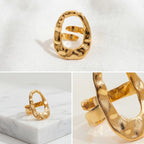 Product photography collage of adjustable gold statement ring showing open back design.