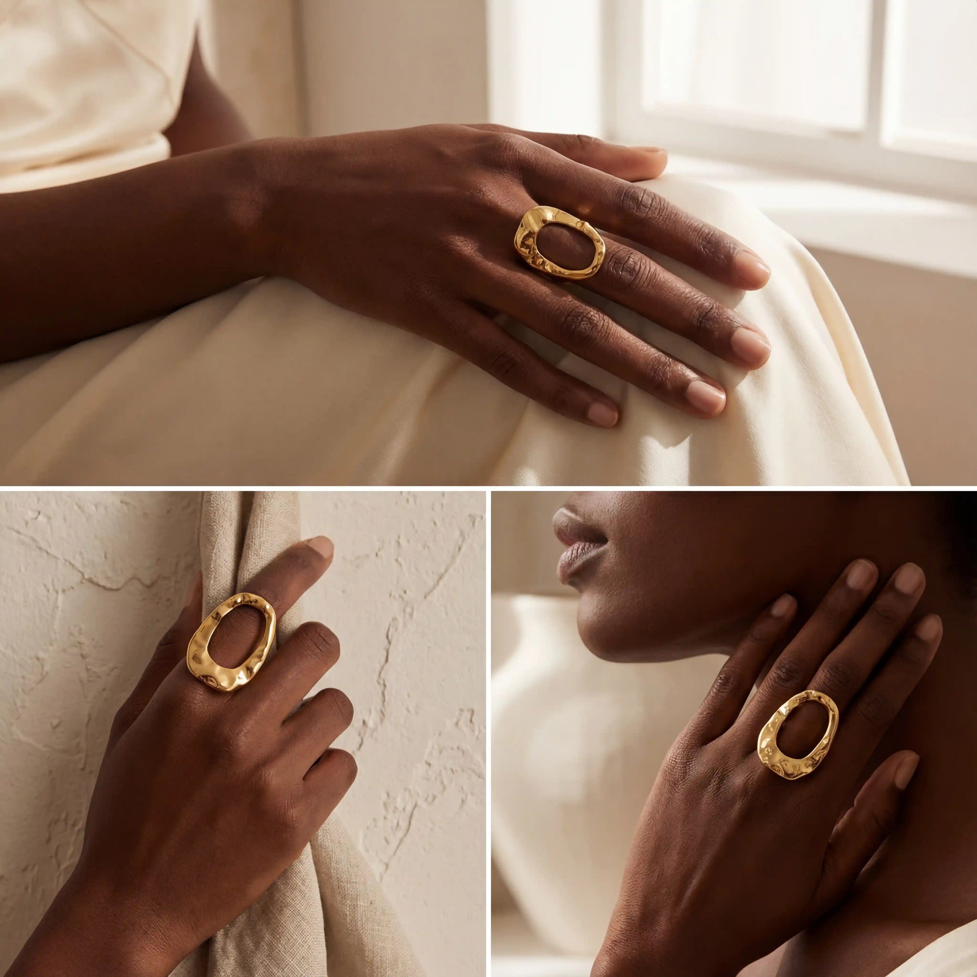 Fashion photography collage of chunky hammered gold ring on dark skin model.