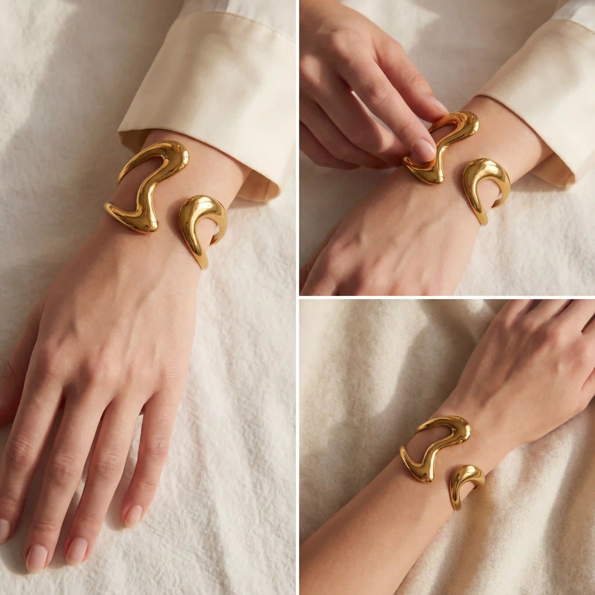 Lifestyle photography of woman wearing bold gold cuff bracelet artistic jewelry style.