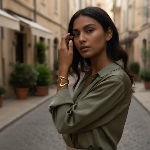 A stylish woman wearing The Pythia Cuff while standing in a classic European alleyway, blending ancient symbolism with modern street style.