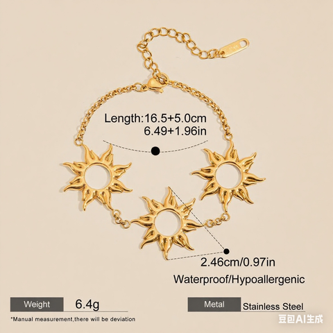 Close-up macro shot of the intricate sunburst charm on this gold bohemian bracelet, showing fine details.