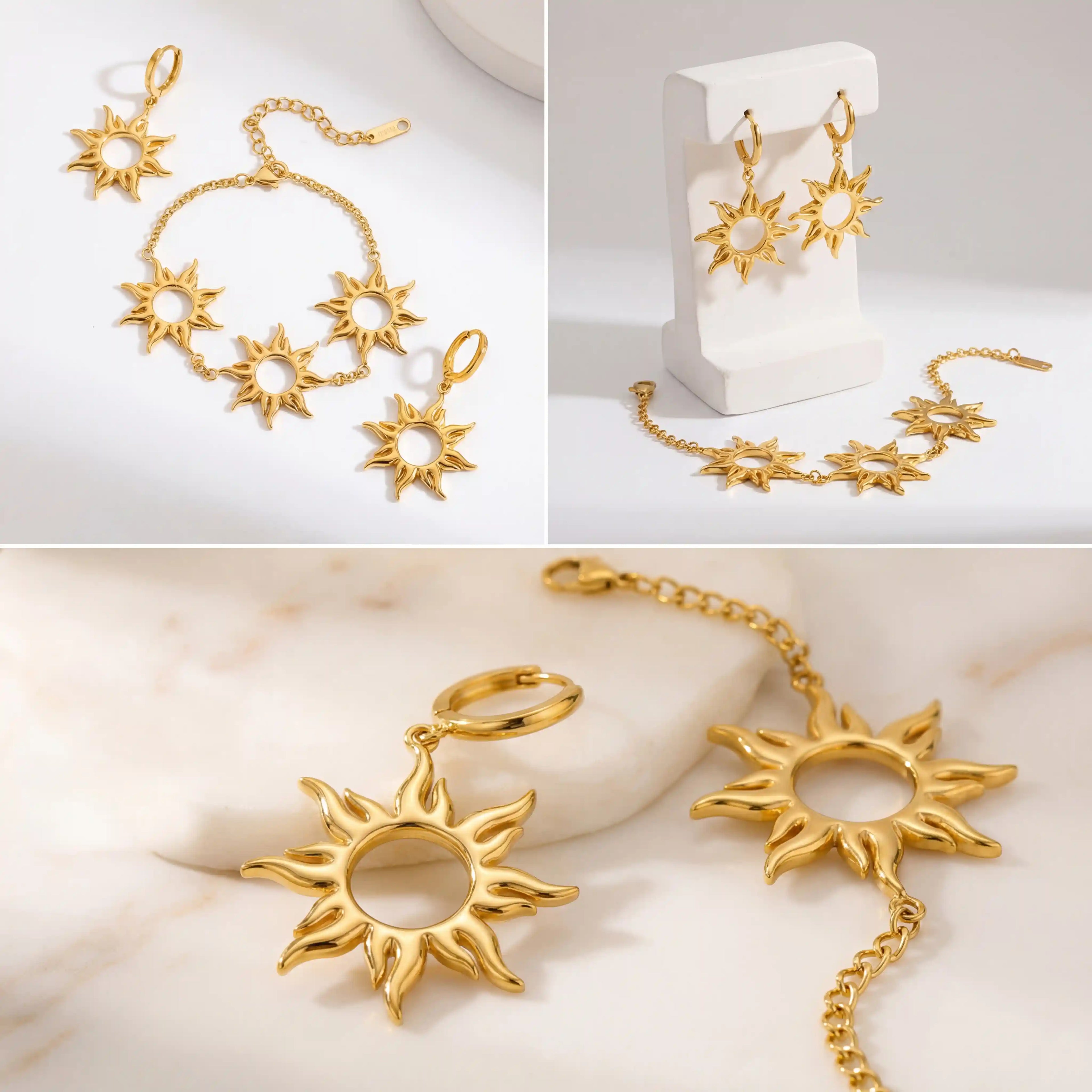 Gold sun jewelry set display including earrings and chain bracelet on stone stand.