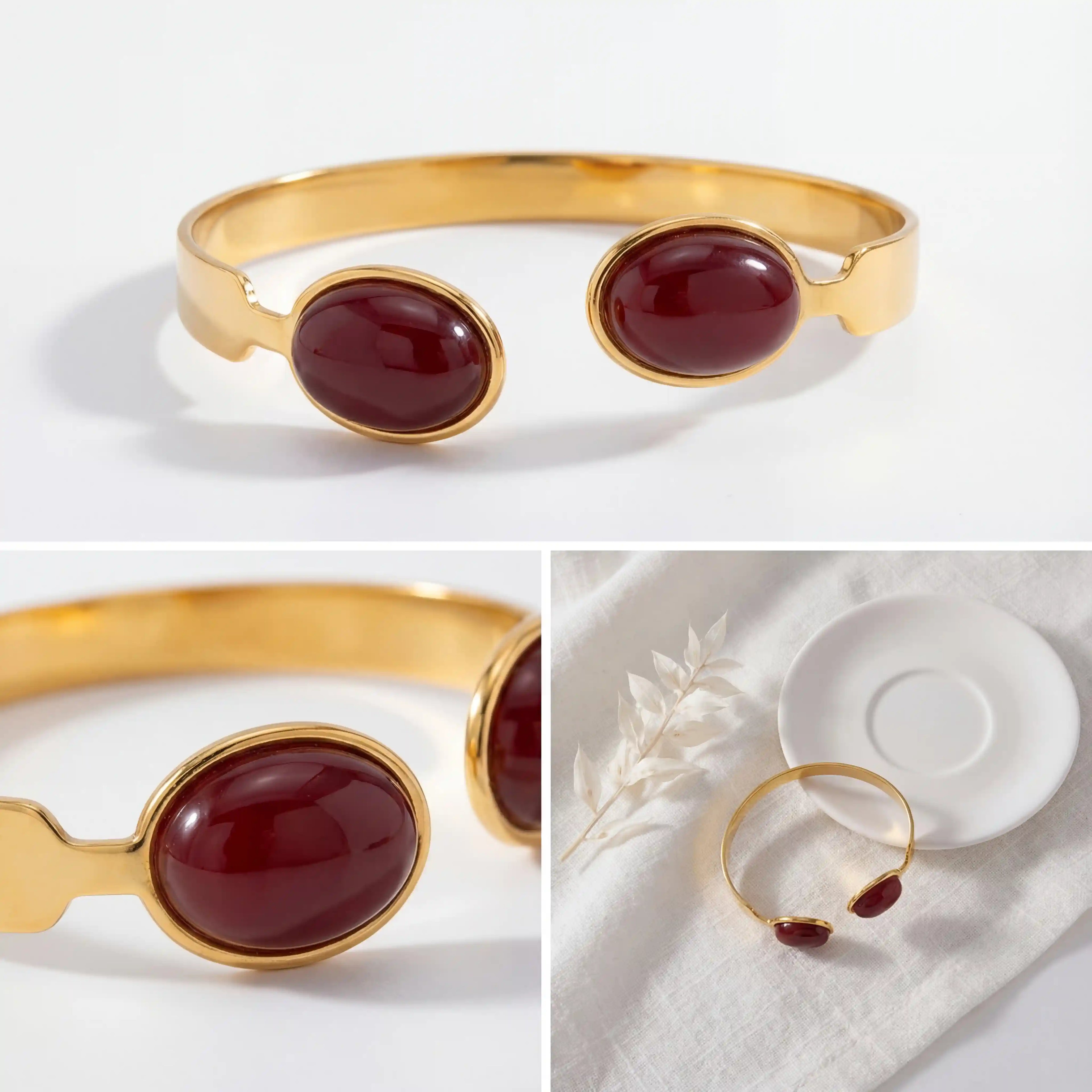 Aesthetic collage of red agate stone cuff details and flat lay photography.