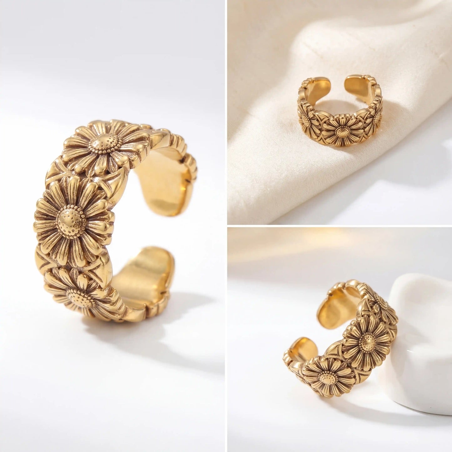 Aesthetic product photography of sun-drenched daisy ring texture and open adjustable back.