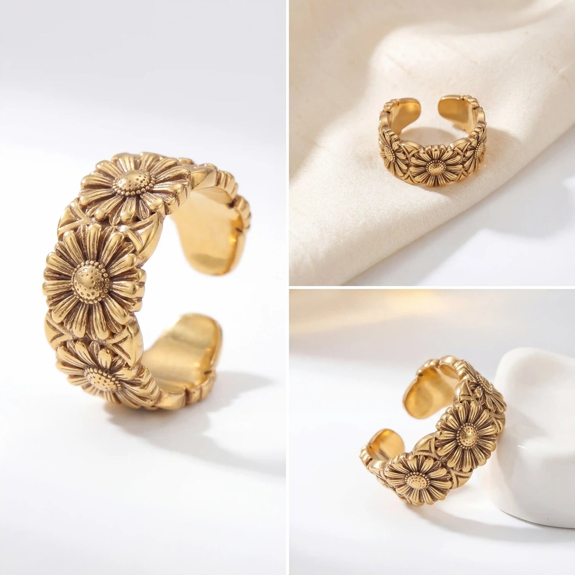 Aesthetic product photography of sun-drenched daisy ring texture and open adjustable back.