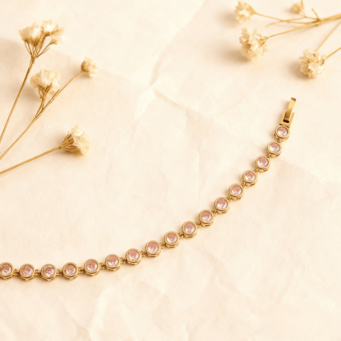 Close-up of the secure box clasp on the gold plated Sweetheart Pink Tennis Bracelet.