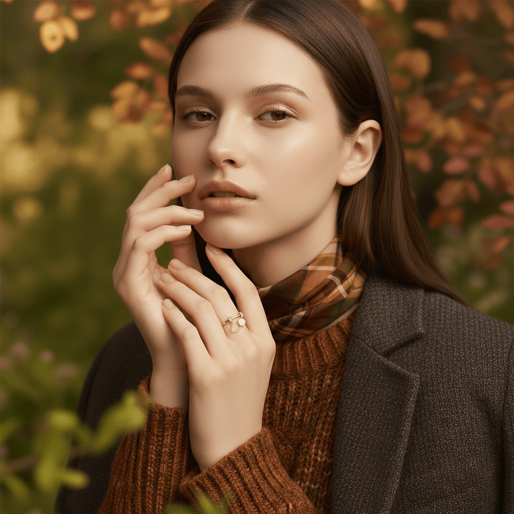 A model's hand, featuring The Comet Ring, is shown adjusting the cuff of her silk blouse or a delicate bracelet on her other wrist. This chic, intentional gesture draws attention to the ring's intricate details and overall elegance.