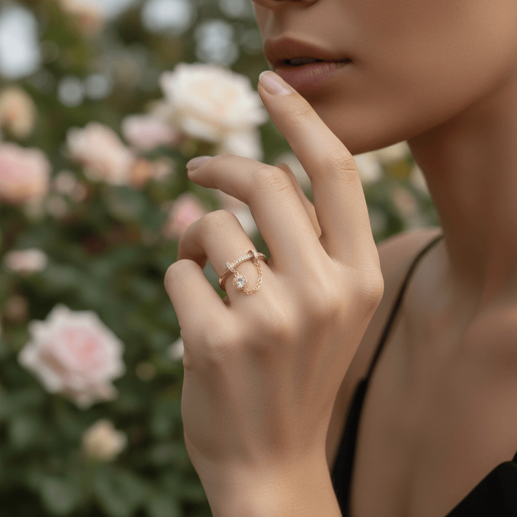 A model's hand holding a glass of iced coffee, with the delicate gold Comet Ring adding a touch of elegance to her casual look. The pavé charm catches the light beautifully.