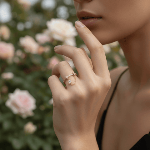 A model's hand holding a glass of iced coffee, with the delicate gold Comet Ring adding a touch of elegance to her casual look. The pavé charm catches the light beautifully.