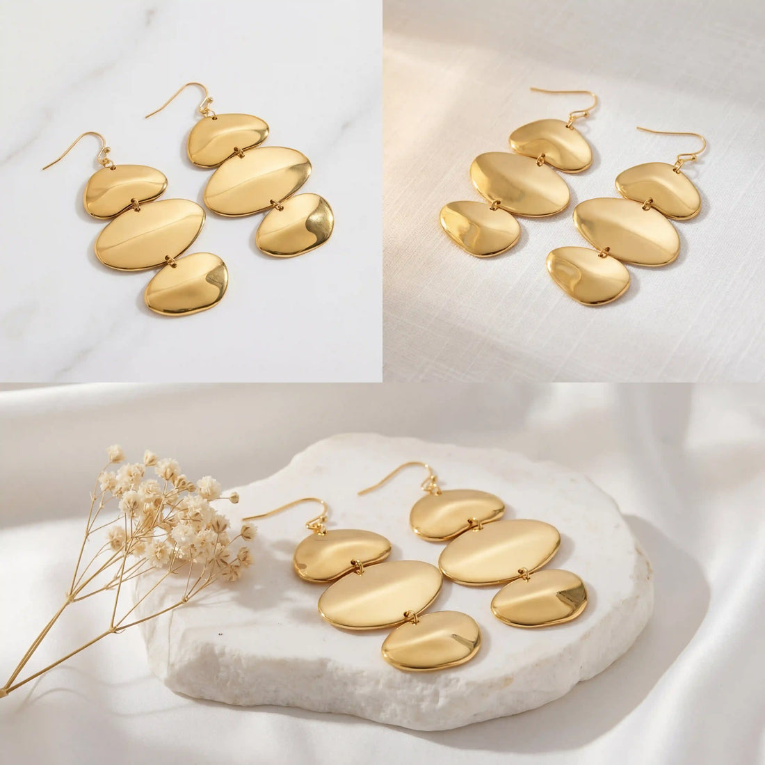 The Thalia Earrings displayed inside a rustic, speckled ceramic dish, illustrating them as a piece of modern, wearable art.