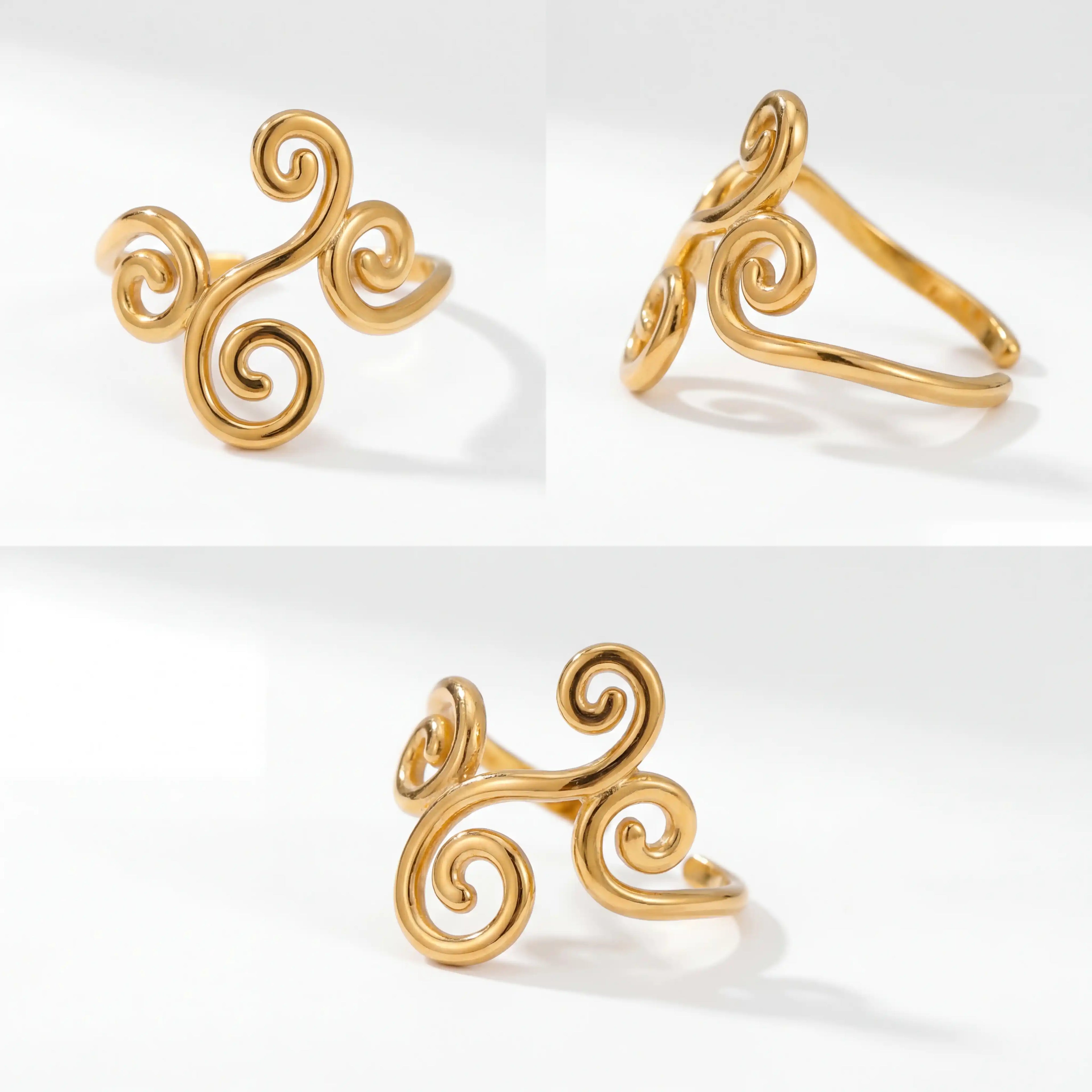 Three angles of gold wire spiral ring showing open adjustable band design.