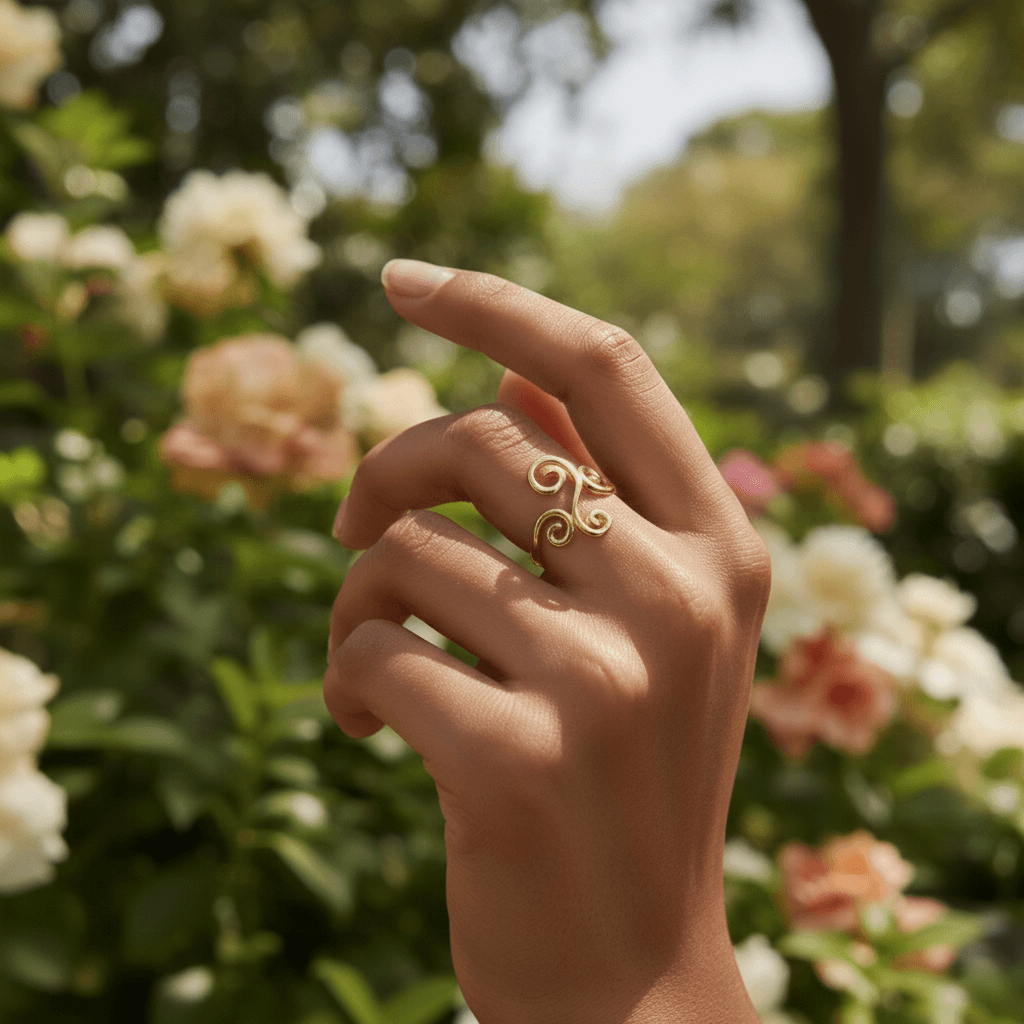 A close-up of a model's hand gently holding a wildflower, with the gold Aphrodite Ring on her finger. The ring's organic swirl design complements the natural beauty of the flower, creating a romantic, bohemian vibe.