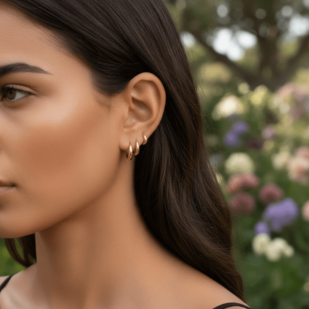A close-up of a model's ear showing a curated ear stack. She is wearing the large gold Capsule Hoop in her first lobe piercing, the medium hoop in her second, and the small hoop in her upper cartilage (helix) piercing.