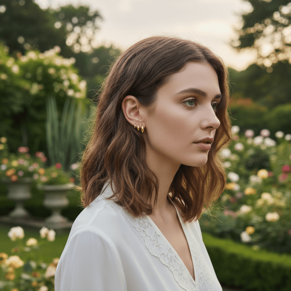 A model smiling, wearing the medium-sized gold Capsule Hoop in her main earlobe piercing. This image showcases its perfect size and classic look for simple, everyday wear.