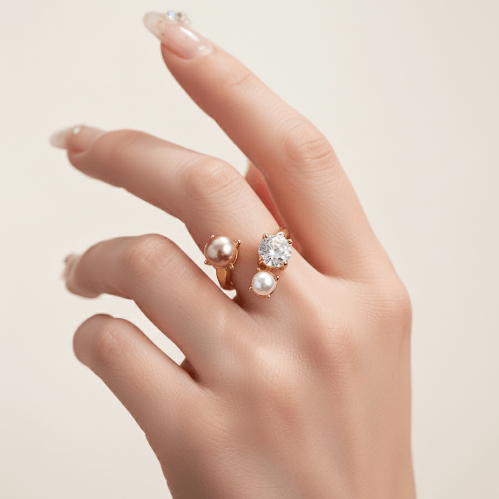 A close-up of a model's hand with a fresh, nude manicure, wearing The Celestial Ring in gold on her ring finger. The ring's open cuff design and the cluster of the crystal and pearls are beautifully showcased.