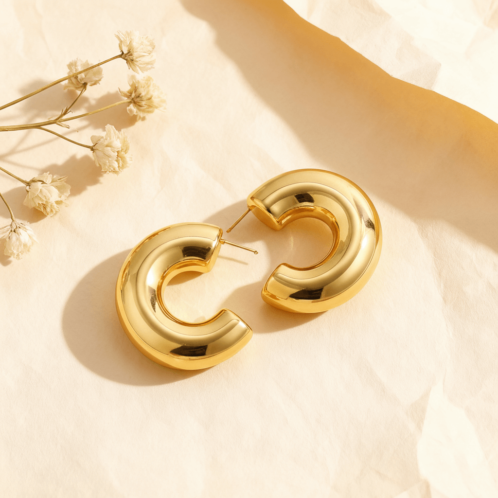 Close-up of the gold Cloud Hoops, showing their puffy, dome-like shape, hollow construction, and high-polish finish.