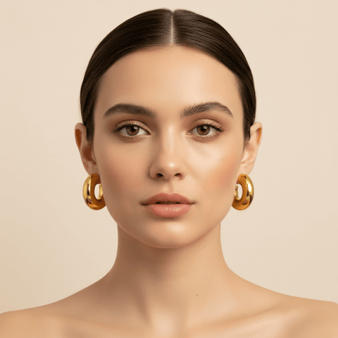An extreme close-up on a model's earlobe, showing the scale and comfortable fit of the chunky C-shape gold Cloud Hoop. The earring's high-polish finish gleams against her skin.