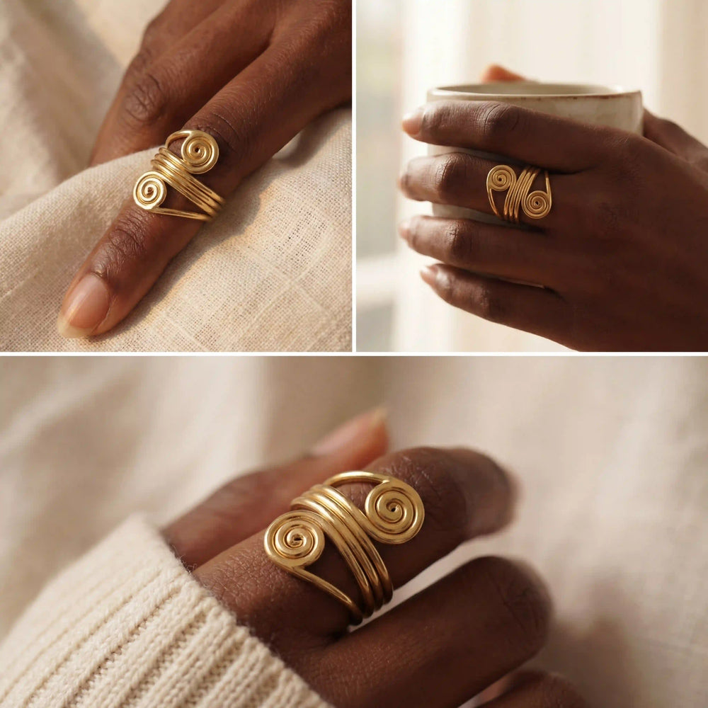 Lifestyle photography collage of woman styling gold wire coil ring bohemian aesthetic.