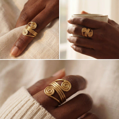 Lifestyle photography collage of woman styling gold wire coil ring bohemian aesthetic.
