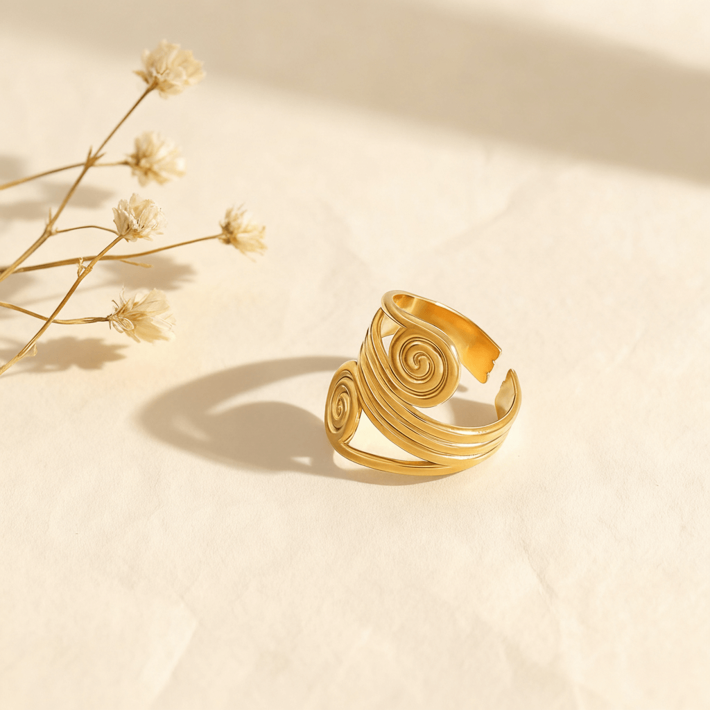 A side profile of The Oracle Ring, focusing on the three distinct, stacked layers of the wide band as they wrap around. This angle highlights the ring's substantial, architectural structure and its impressive depth.
