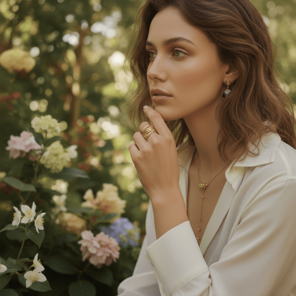 A model wearing a flowing white linen dress, with the focus on her hand where the bold, Grecian-style Oracle Ring is the main accessory, perfecting her bohemian goddess look.