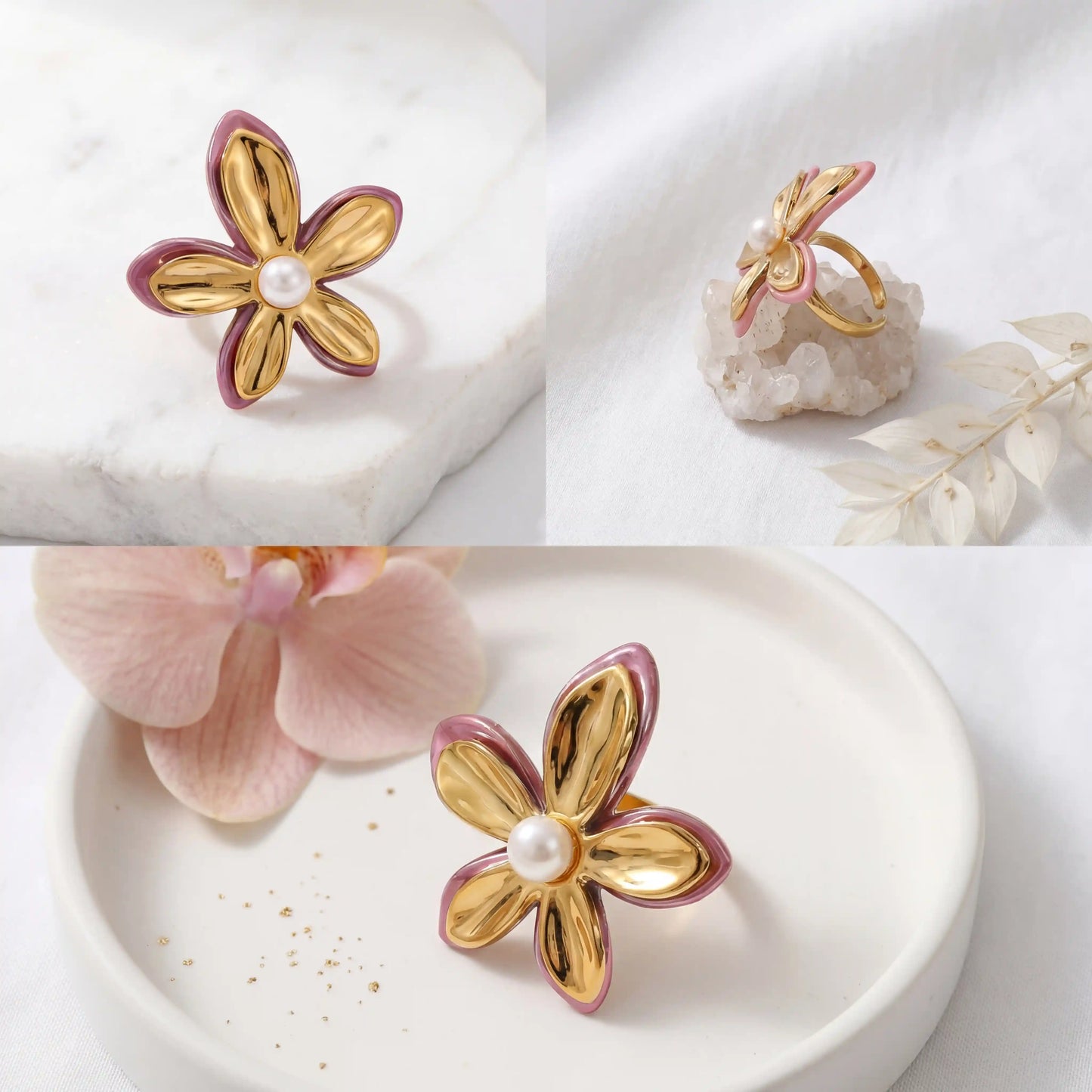 Aesthetic product photography of pink and gold orchid ring with flower prop on white stone.