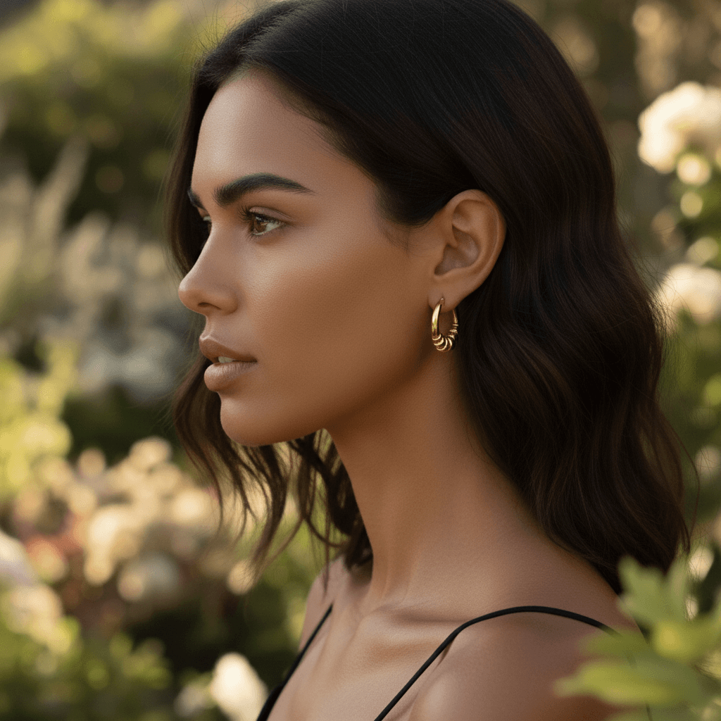Model wearing the gold Siena Hoops to show their medium size and how they perfectly complement a modern, stylish look.