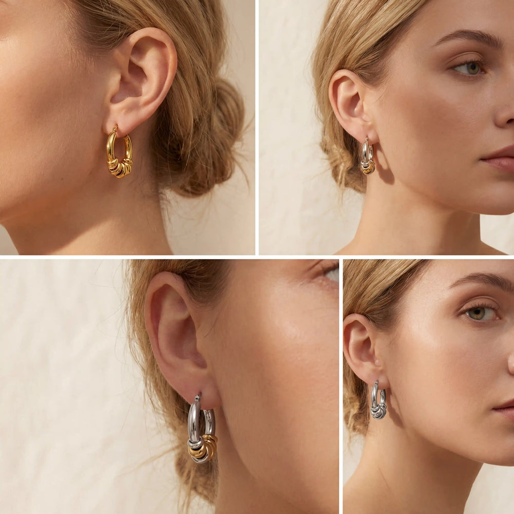 Lifestyle photography collage of woman styling gold and mixed metal stacked hoops.