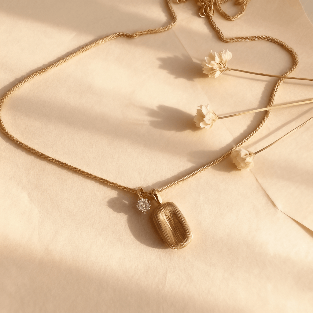 The Signature Necklace, featuring a rectangular brushed gold tag pendant and a small, asymmetrical CZ crystal charm on a delicate gold chain, displayed on a clean white background.
