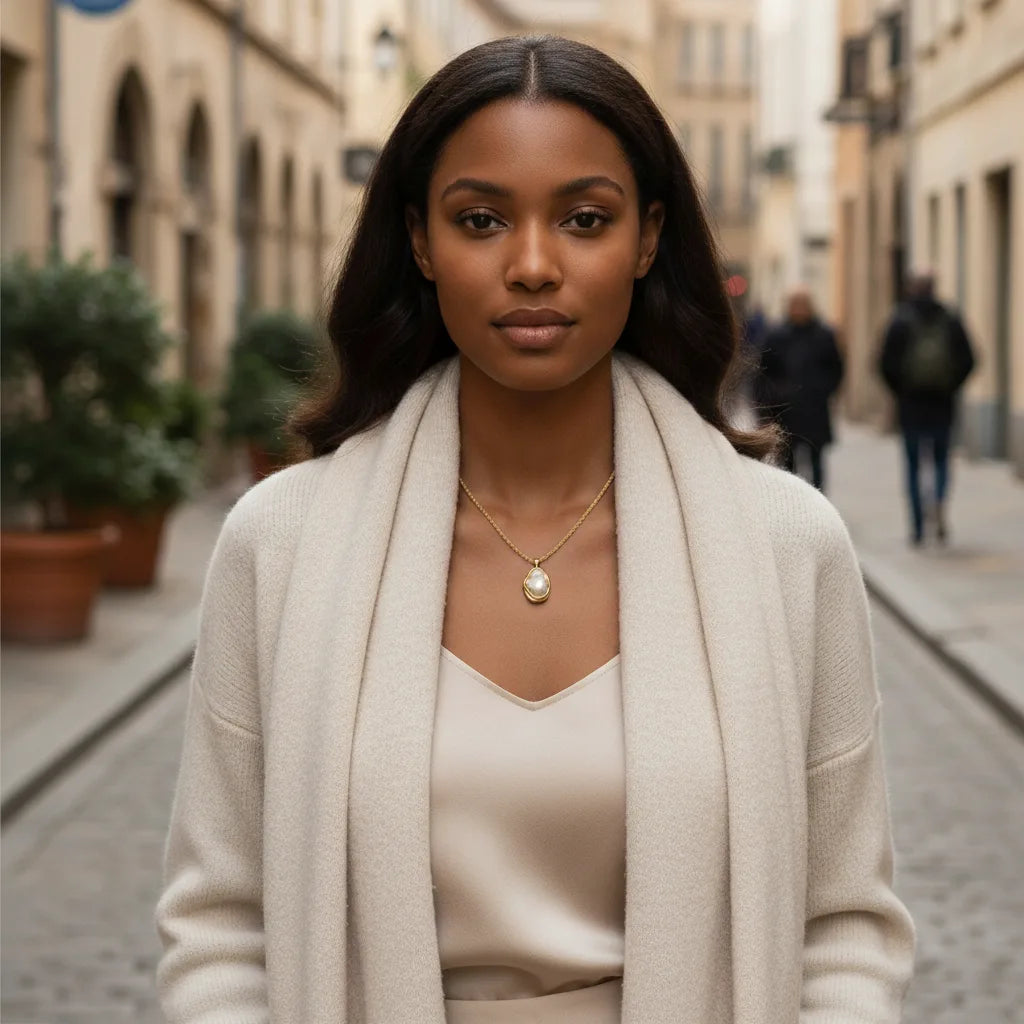 A confident model on a European street, wearing The Theia Necklace as part of a chic, neutral-toned ensemble, embodying modern goddess energy.
