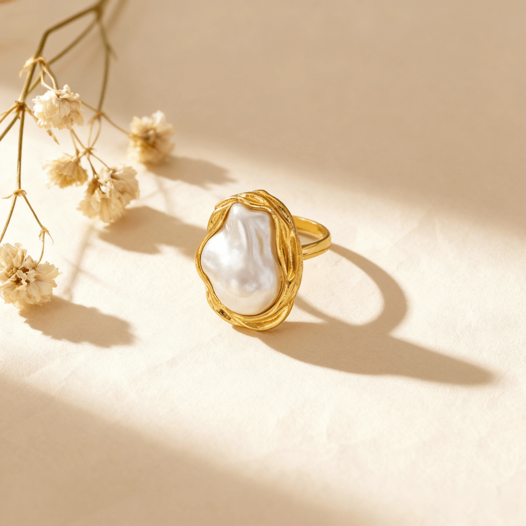The Theia statement pearl ring resting among delicate dried flowers, showing the artistic detail of the sculptural gold band from a side angle."