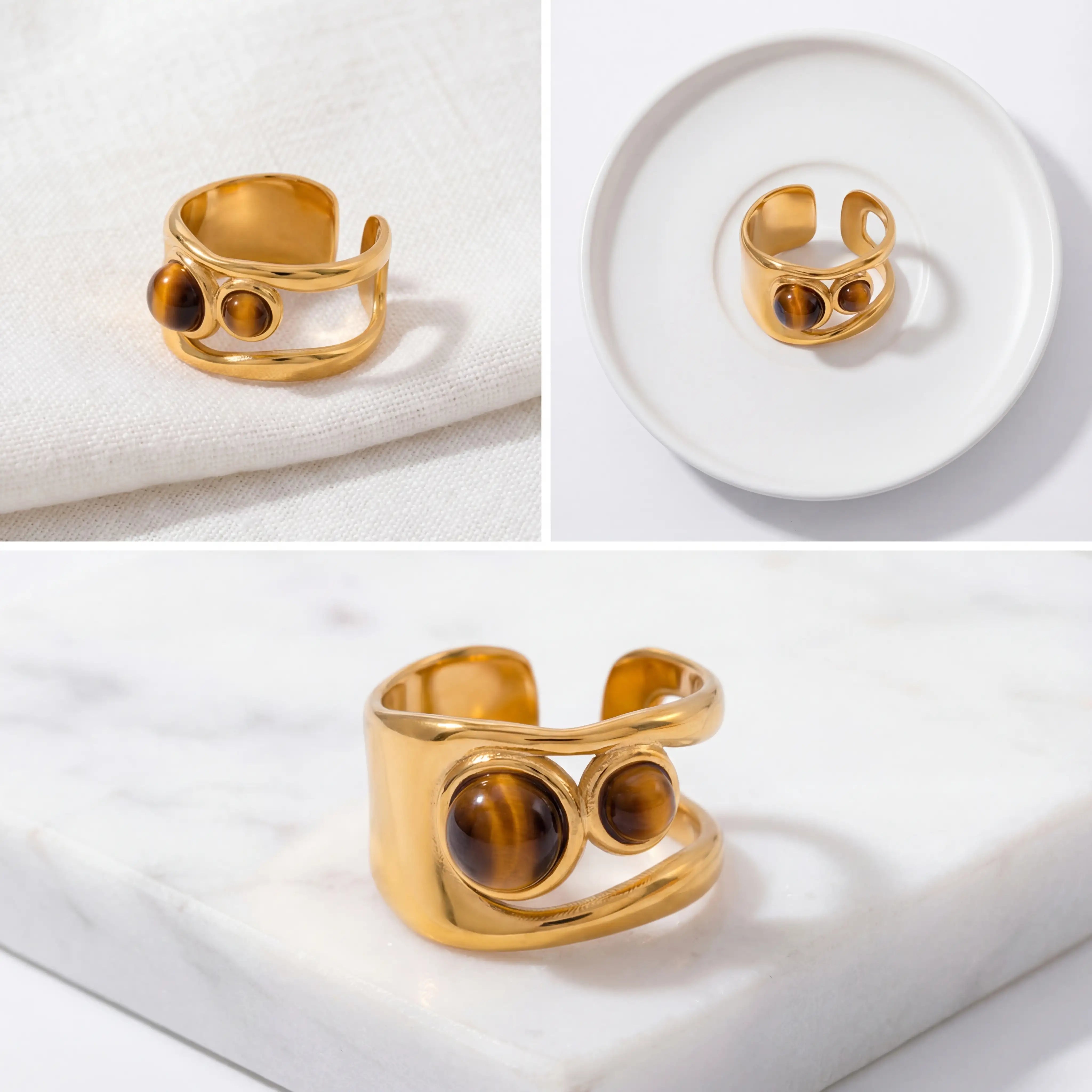 Aesthetic product photography collage of adjustable gold tiger's eye ring details.
