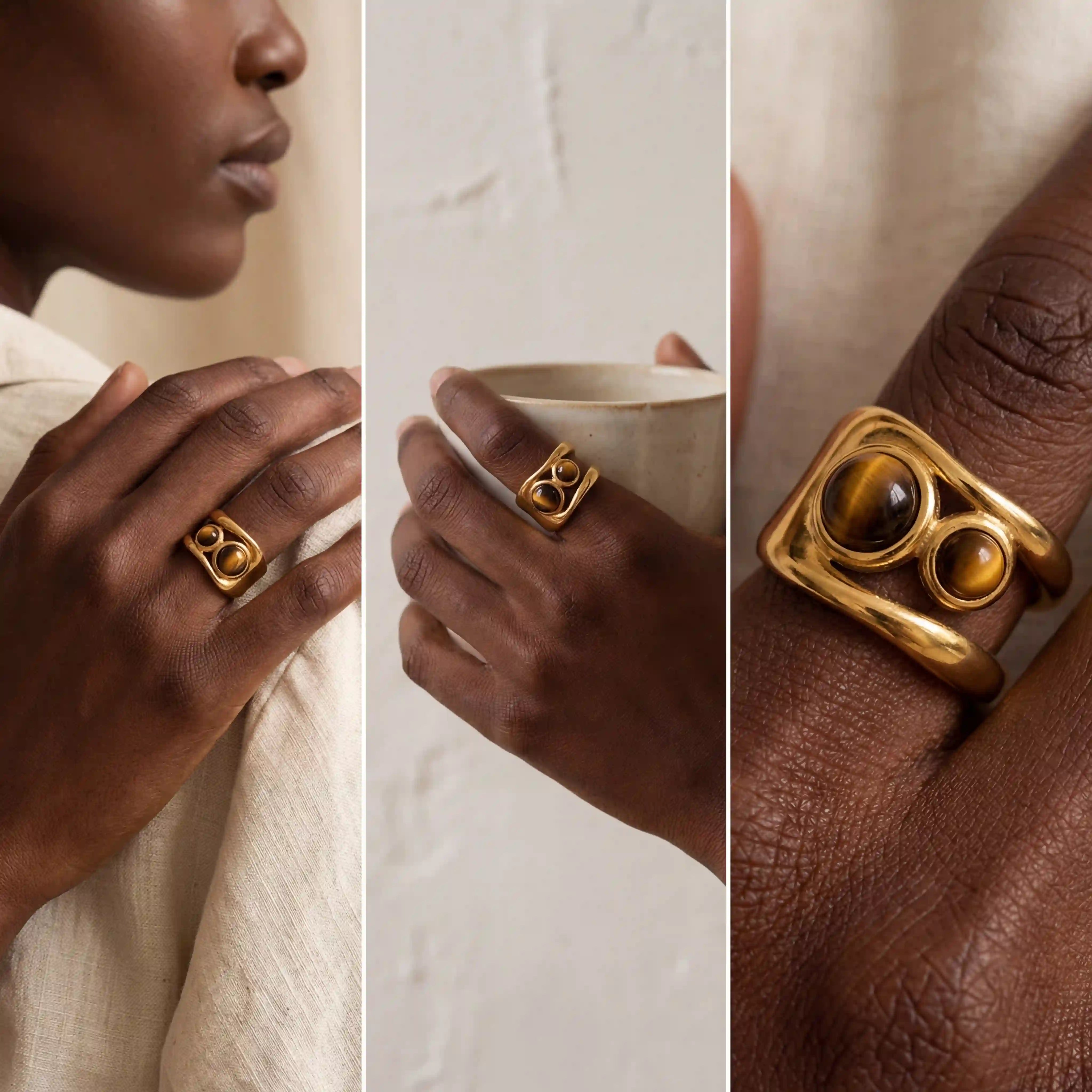 Fashion photography collage of gold statement ring on dark skin model.