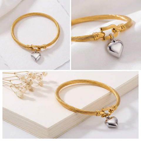 Collage of gold cable bangle details showing U-hook clasp and silver heart charm.