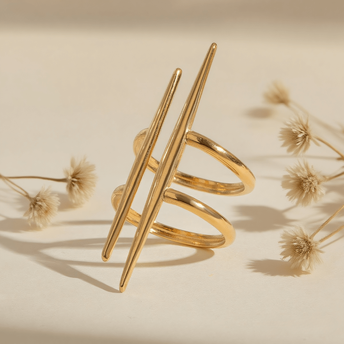 Urban Minimal Double-Bar Ring — 18K gold plated adjustable double-bar ring, hypoallergenic and durable.