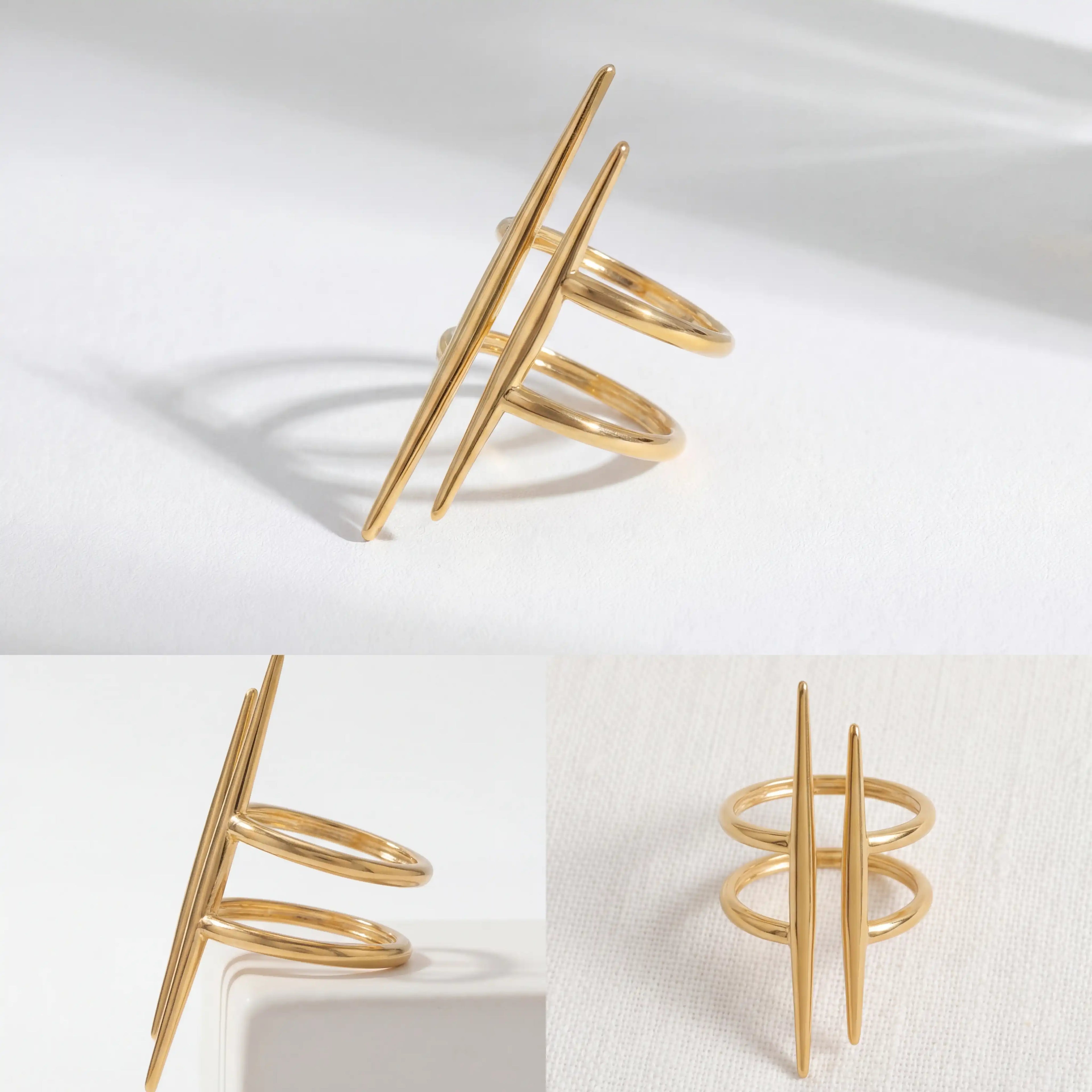Aesthetic product photography details of gold double bar ring architectural design on white stone.