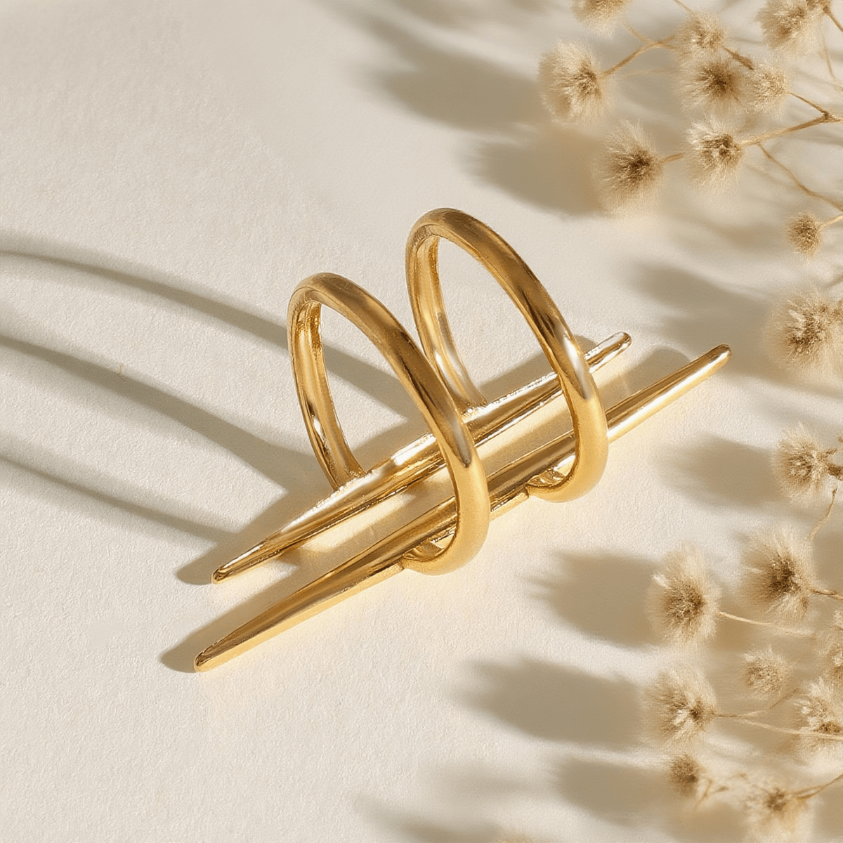 Urban Minimal Double-Bar Ring — adjustable gold plated double-bar statement ring shown on hand, minimal and architectural.