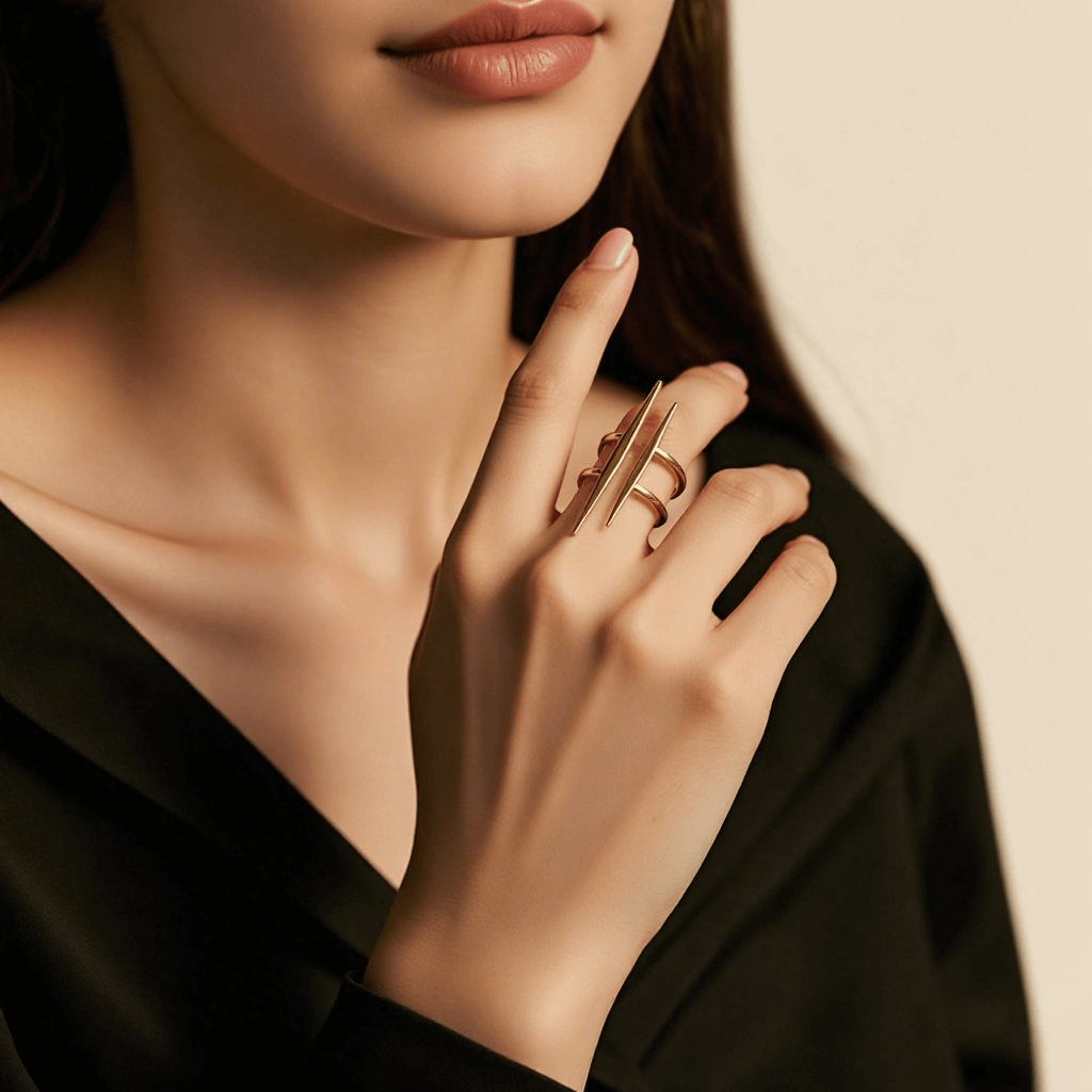 Urban Minimal Double-Bar Ring — adjustable gold plated double-bar statement ring shown on hand, minimal and architectural. Main image