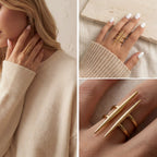 Lifestyle photography collage of blonde woman styling modern geometric gold ring minimalist look.