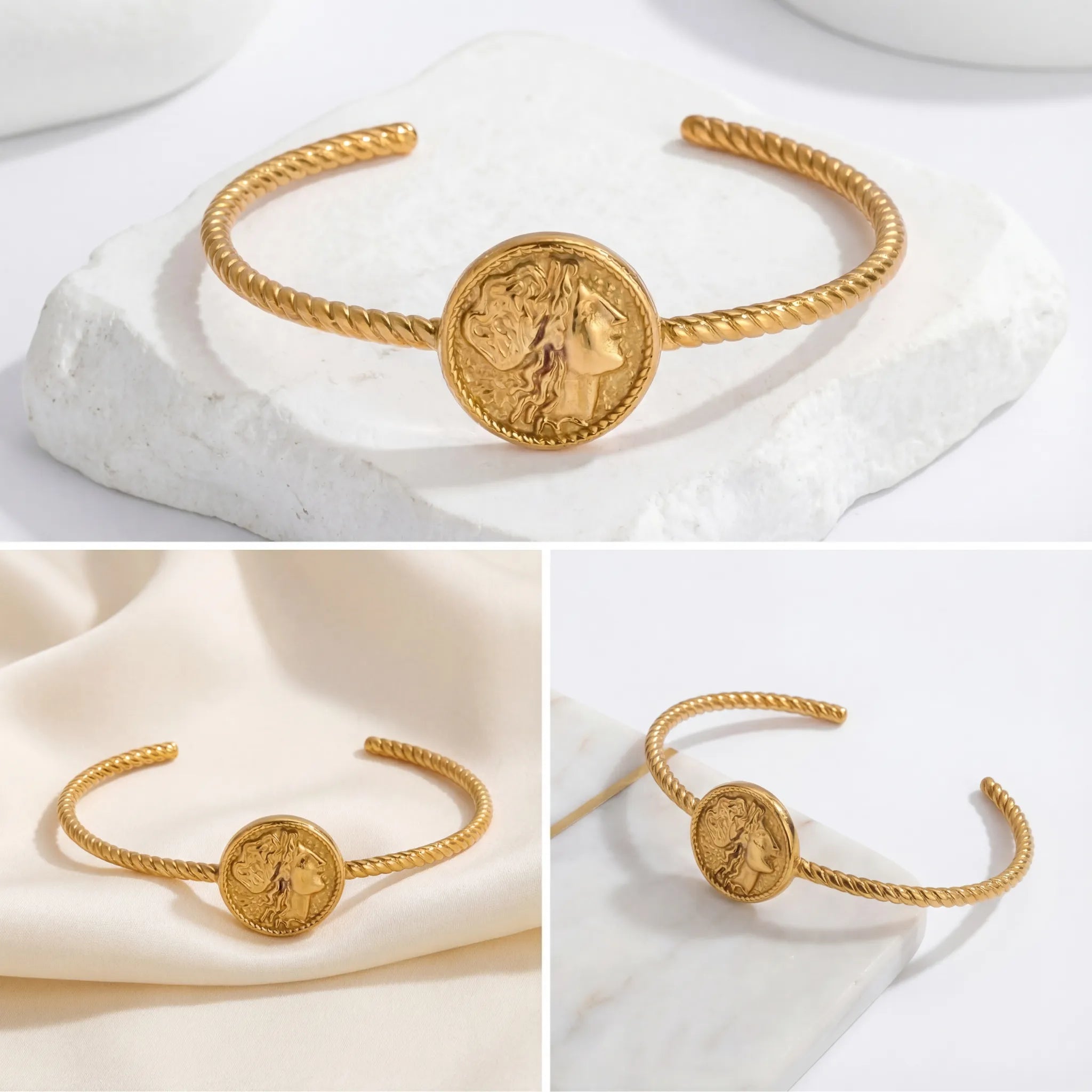 Aesthetic product photography of gold medallion open cuff bracelet details on white background.