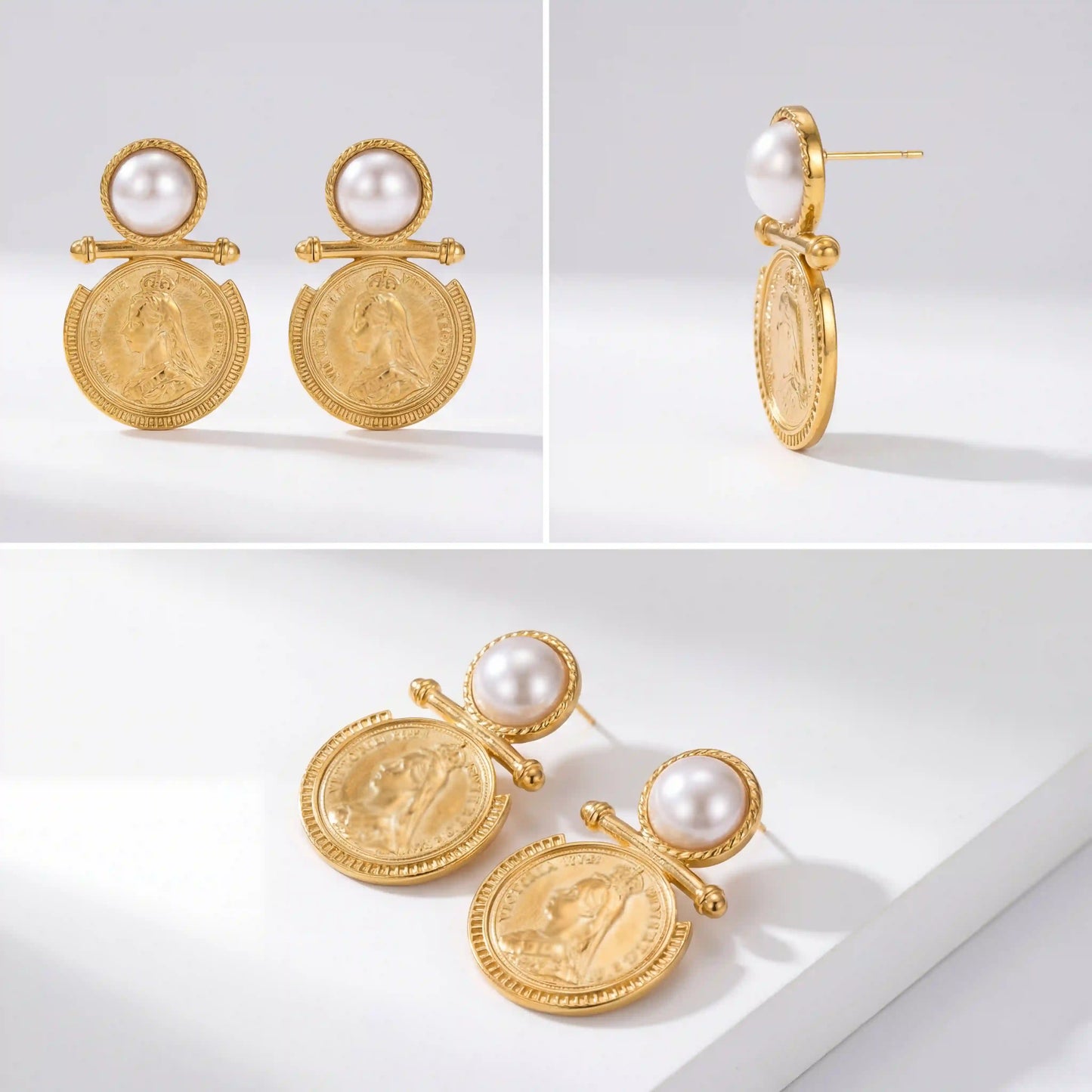 Aesthetic product details of queen portrait coin and pearl earrings waterproof gold.