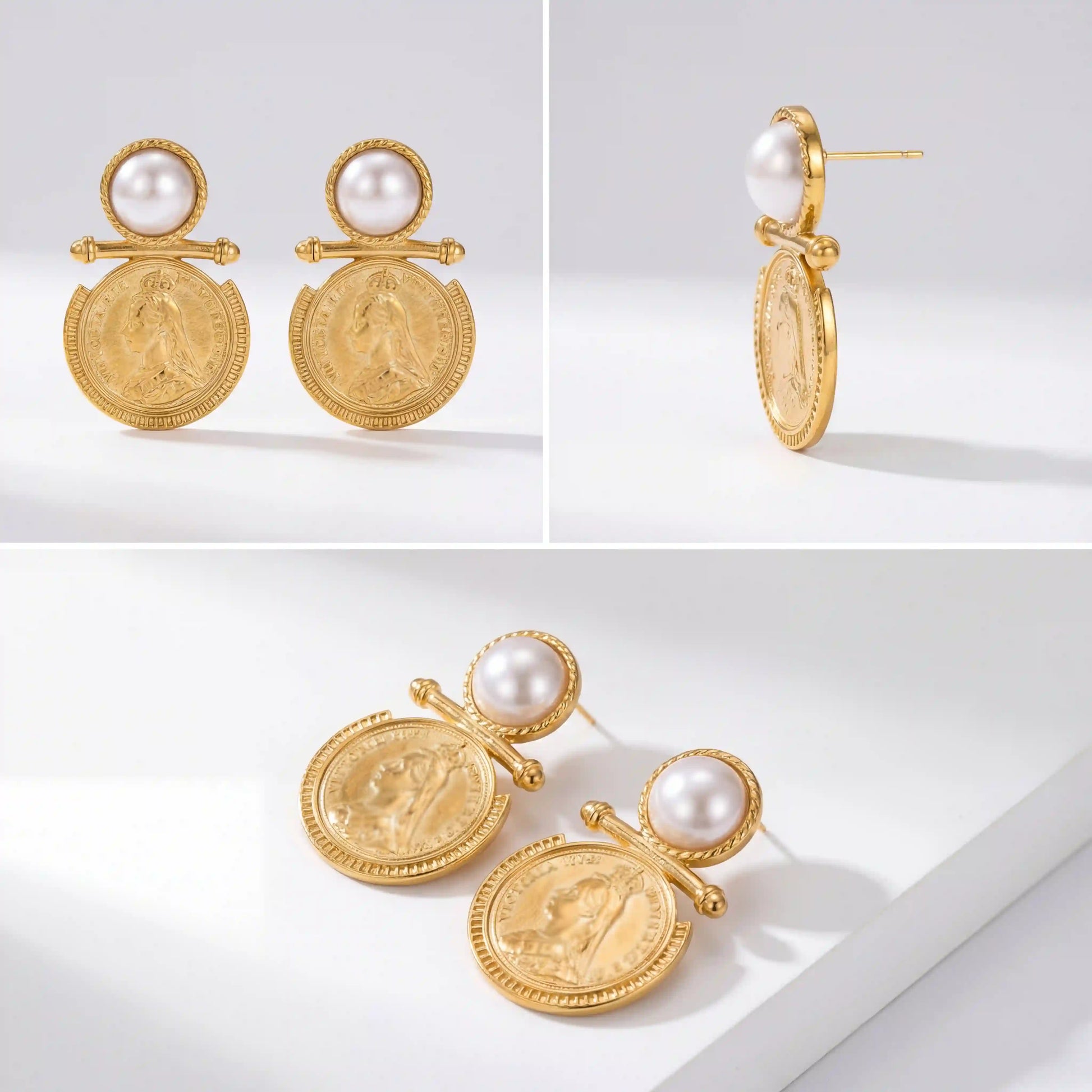 Aesthetic product details of queen portrait coin and pearl earrings waterproof gold.