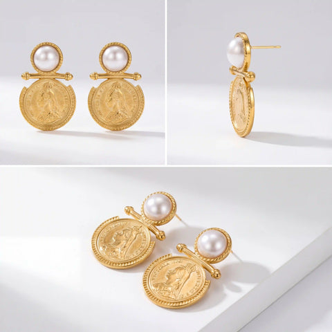 Aesthetic product details of queen portrait coin and pearl earrings waterproof gold.