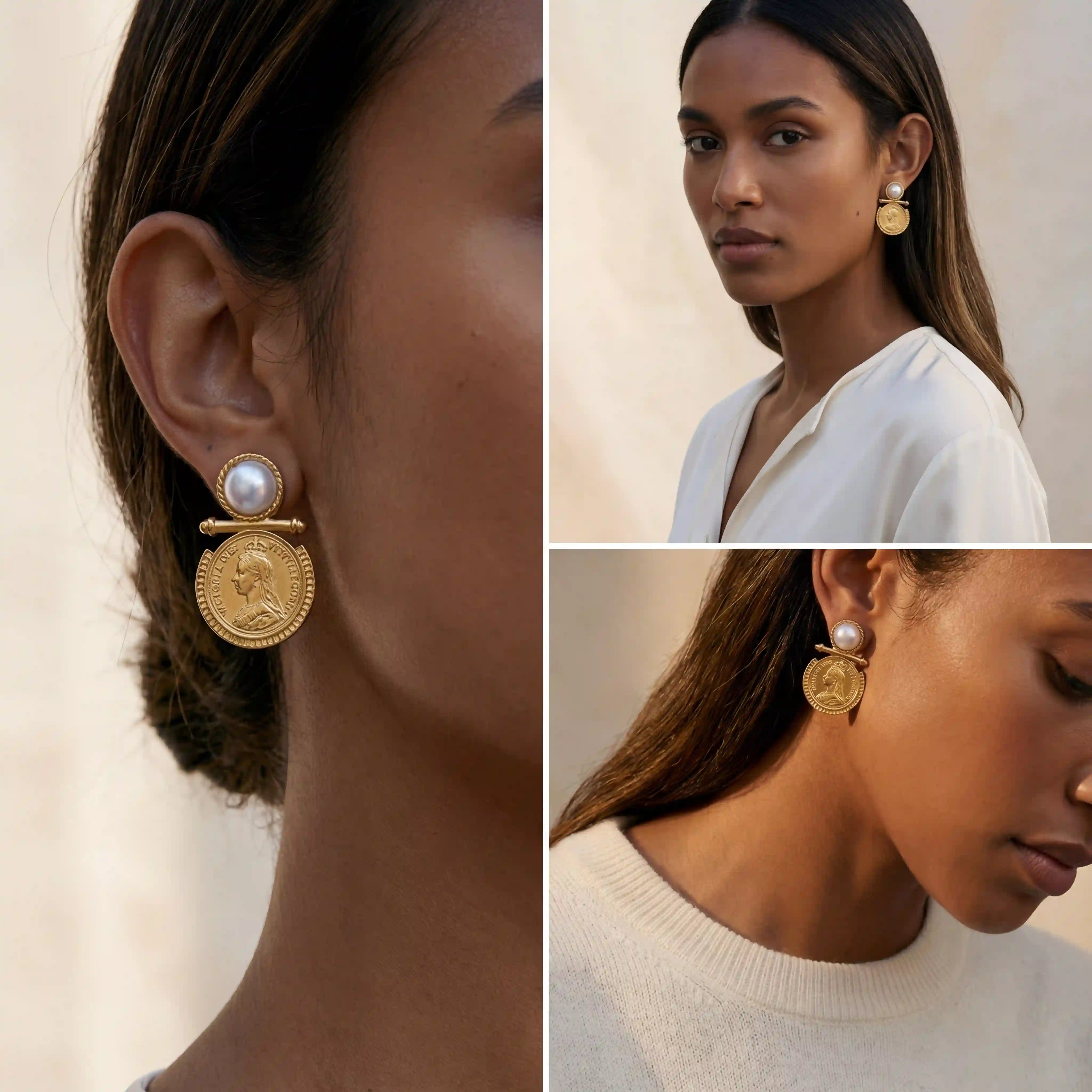 Model with dark skin wearing gold portrait coin earrings vintage statement jewelry.