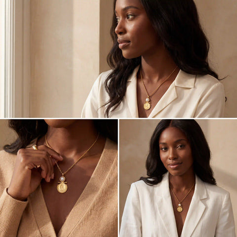 Model with dark skin styling vintage portrait pendant necklace with white blazer.
