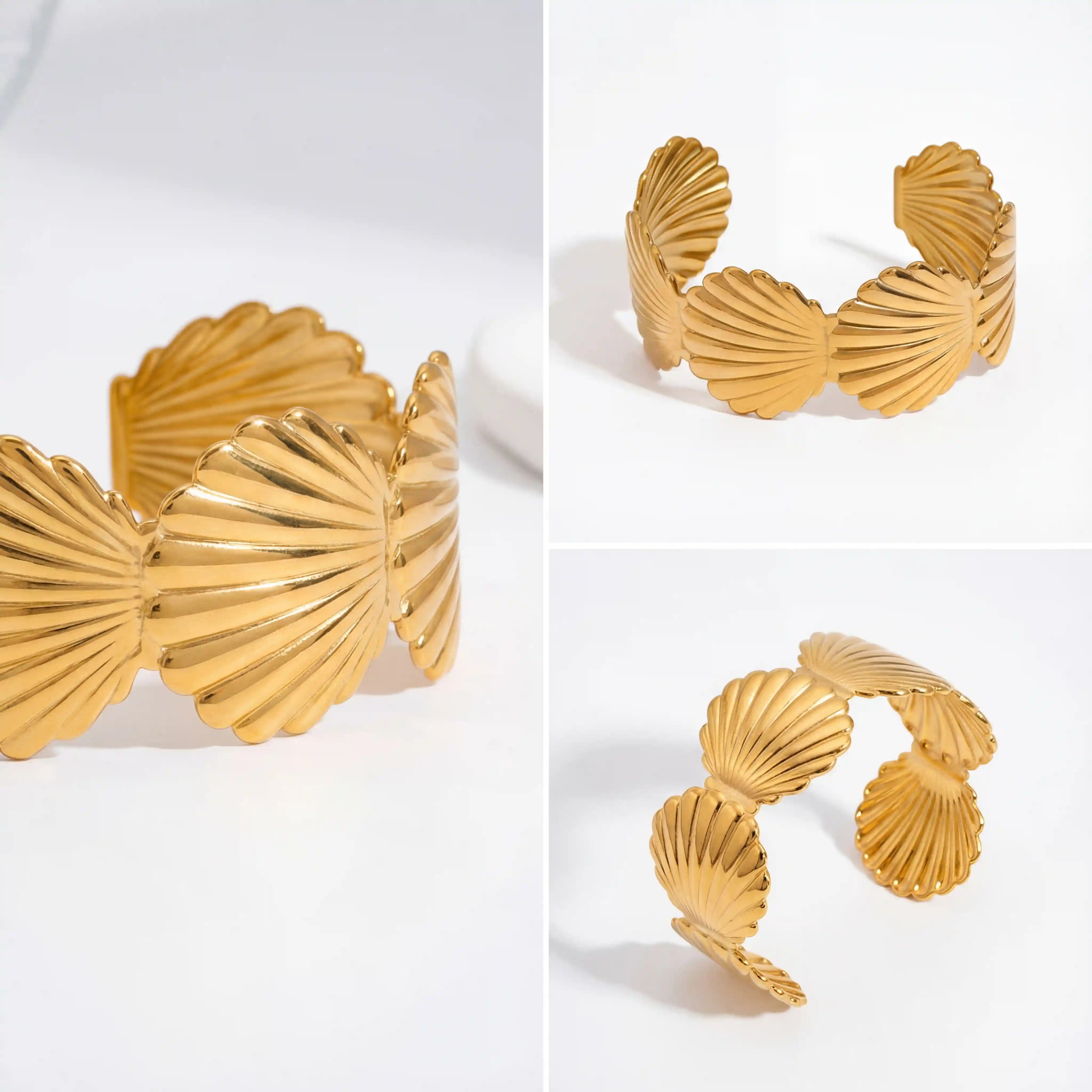 Collage of wide gold scallop cuff bracelet angles showing open back design.